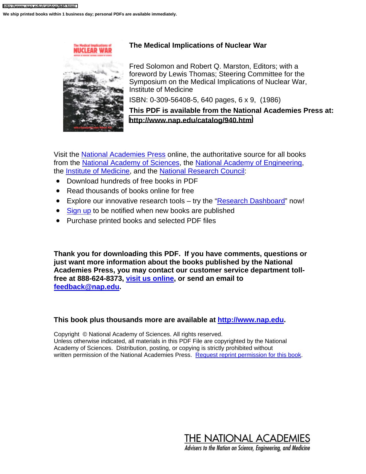 The Medical Implications of Nuclear War (Institute for Medicine, National Academy of Sciences) by Fredric Solomon