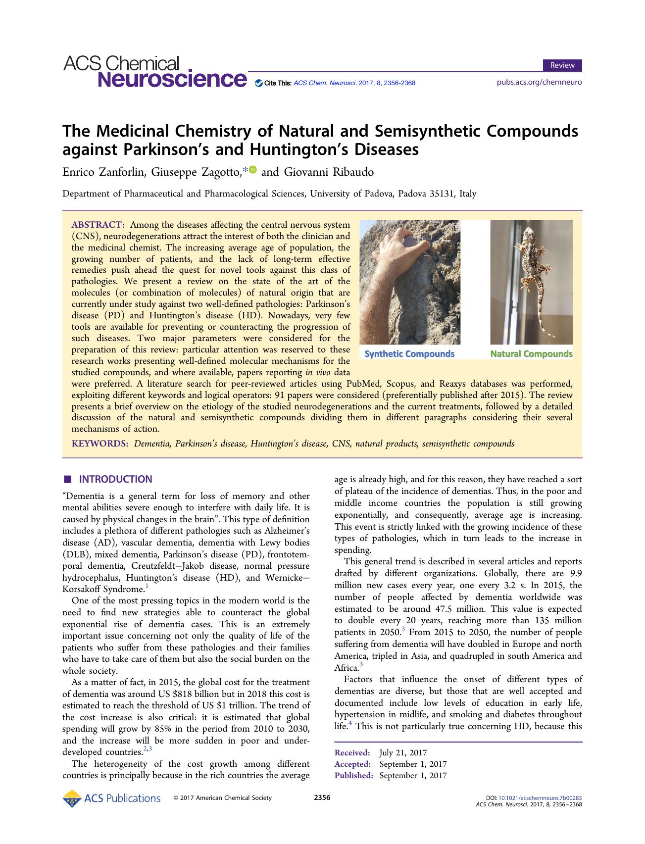 The Medicinal Chemistry of Natural and Semisynthetic Compounds against Parkinsonâs and Huntingtonâs Diseases by Enrico Zanforlin Giuseppe Zagotto and Giovanni Ribaudo