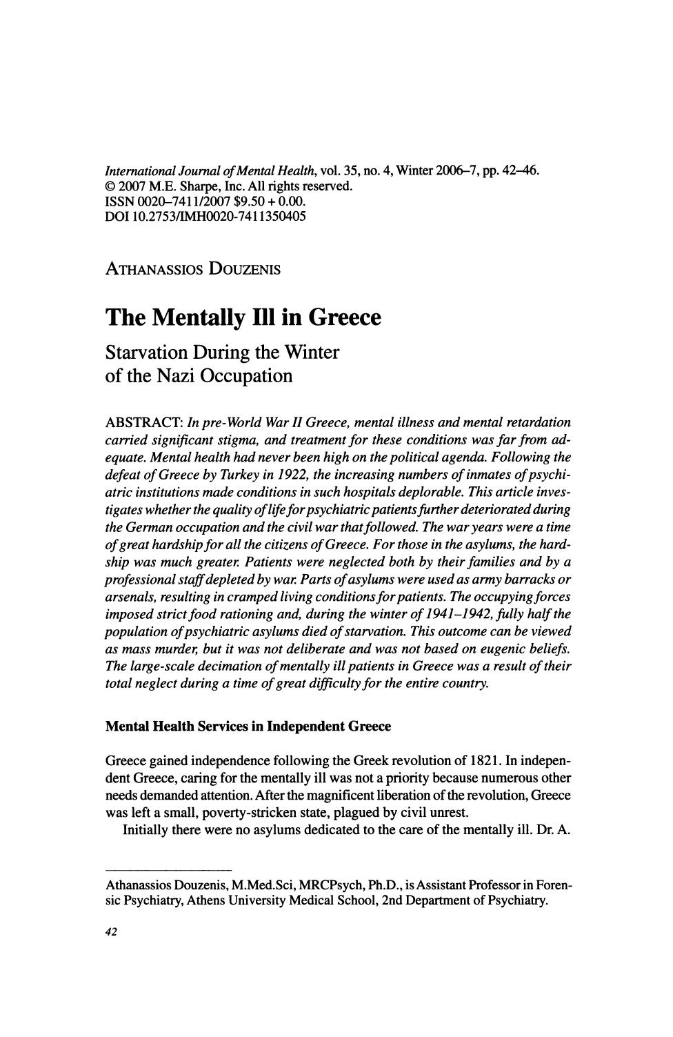 The Mentally Ill in Greece; Starvation During the Winter of the Nazi Occupation by Unknown