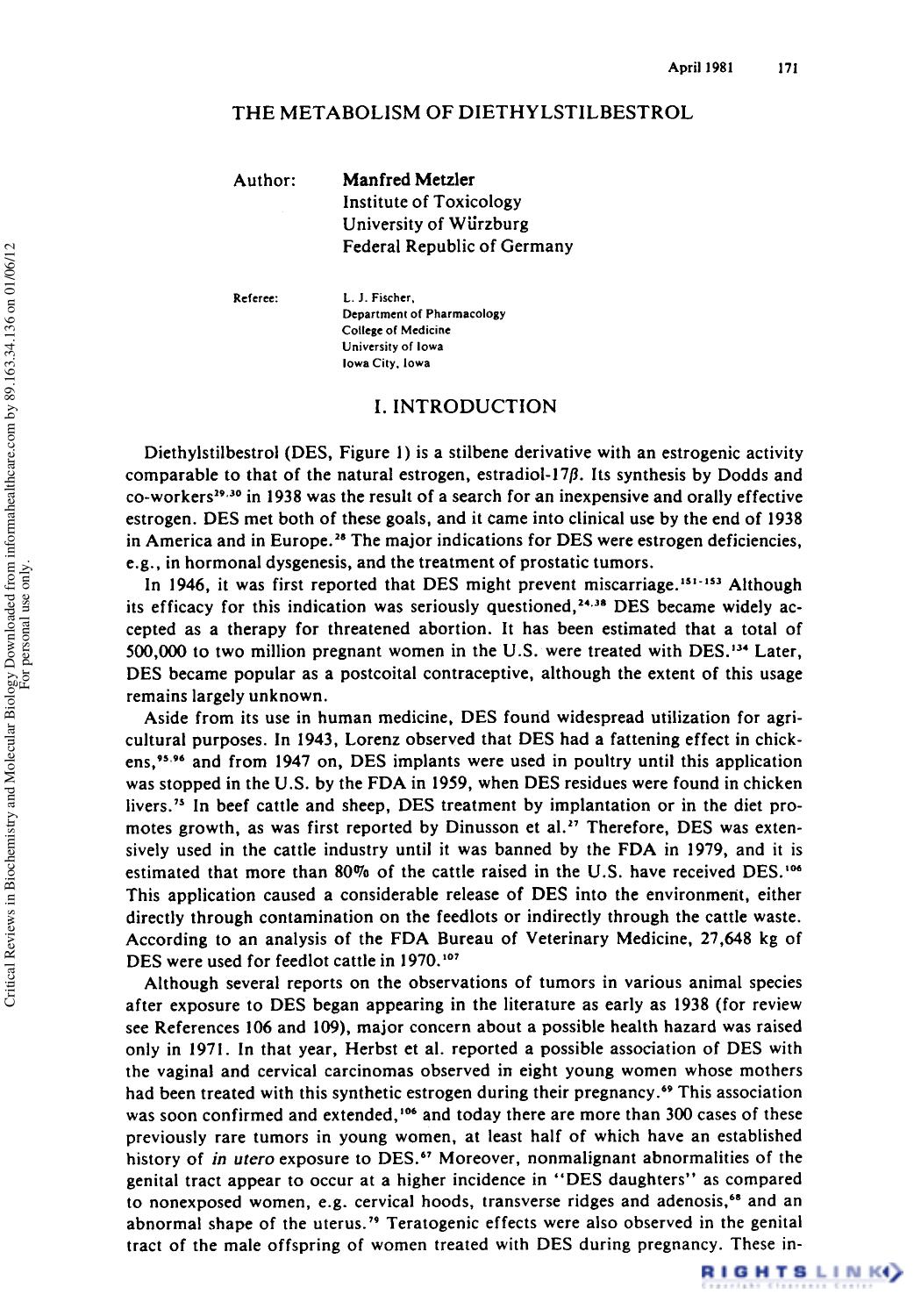 The Metabolism of Diethylstilbestro by Manfred Metzler & L. J. Fischer