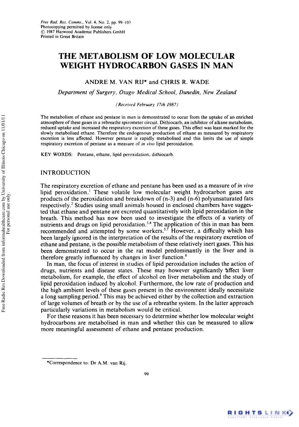 The Metabolism of Low Molecular Weight Hydrocarbon Gases in Man by Andre M. Van Rij1 & Chris R. Wade1