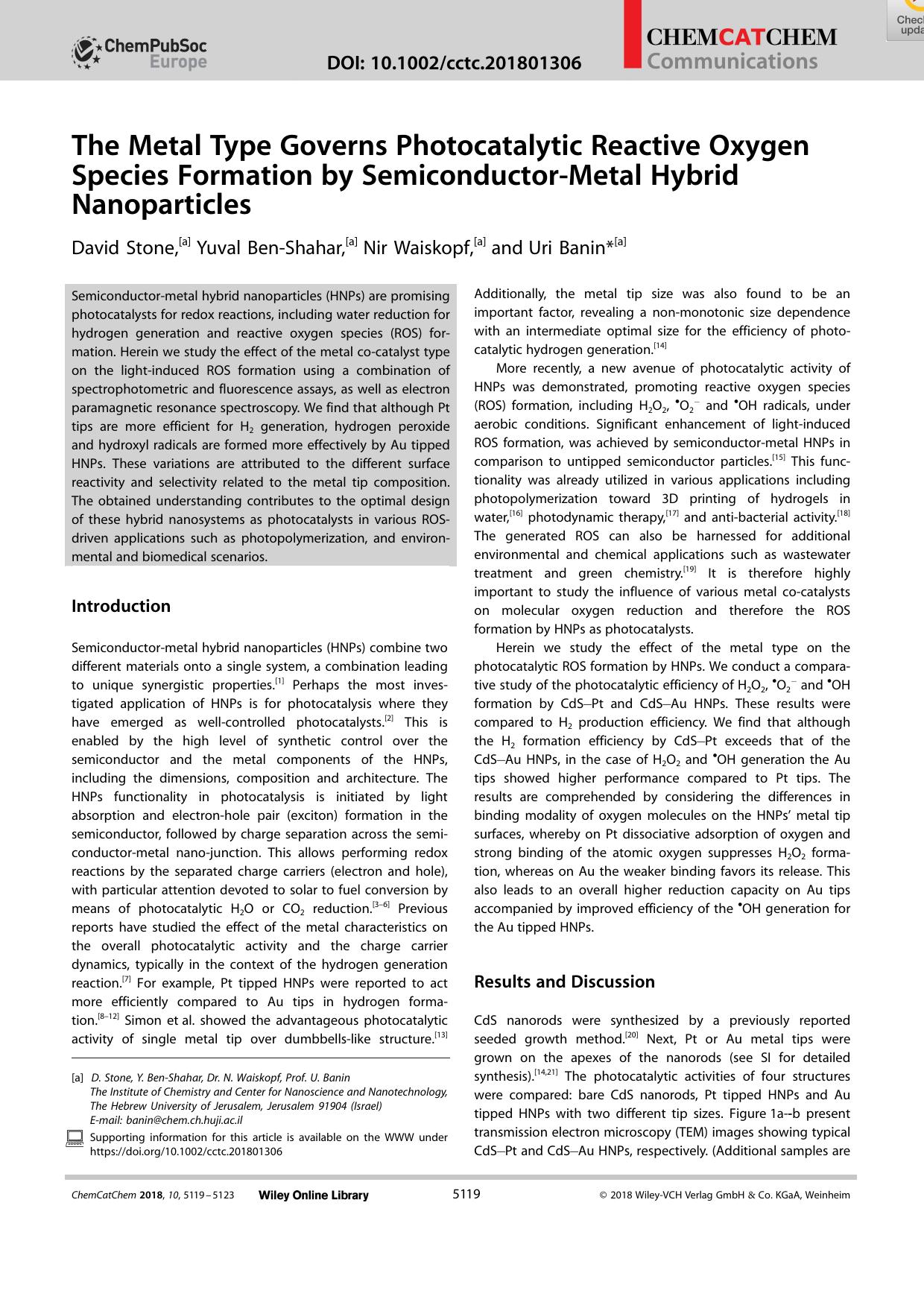 The Metal Type Governs Photocatalytic Reactive Oxygen Species Formation by SemiconductorâMetal Hybrid Nanoparticles by Unknown
