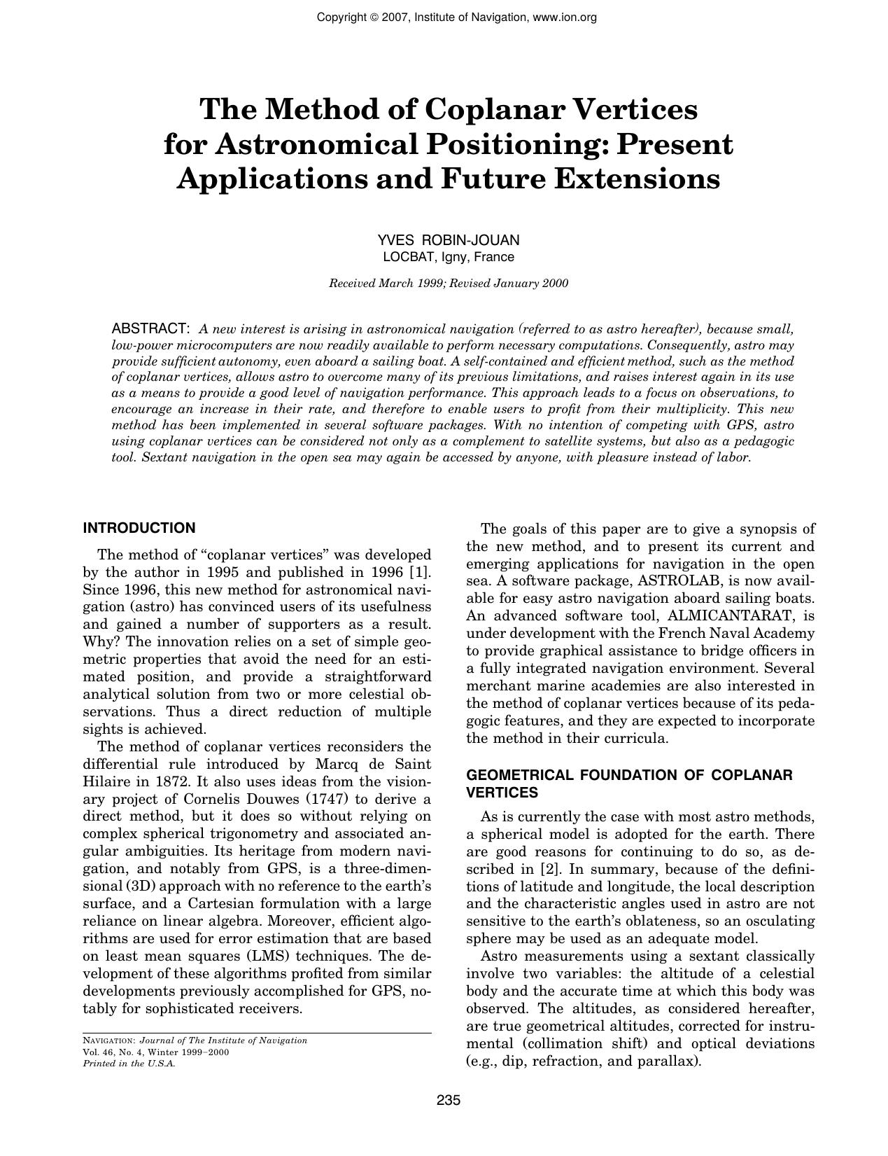 The Method of Coplanar Vertices for Astronomical Positioning: Present Applications and Future Extensions by YVES ROBIN-JOUAN
