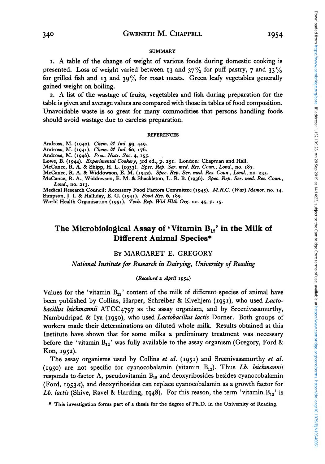The Microbiological Assay of âVitamin B12â in the Milk of Different Animal Species by Margaret E. Gregory