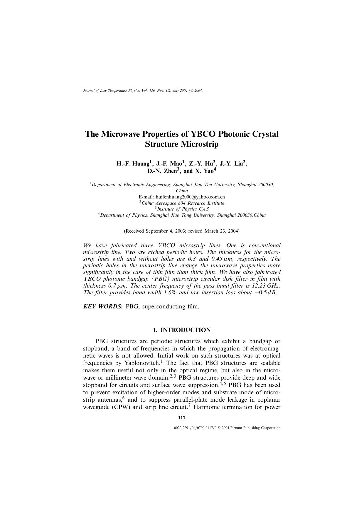 The Microwave Properties of YBCO Photonic Crystal Structure Microstrip by Unknown