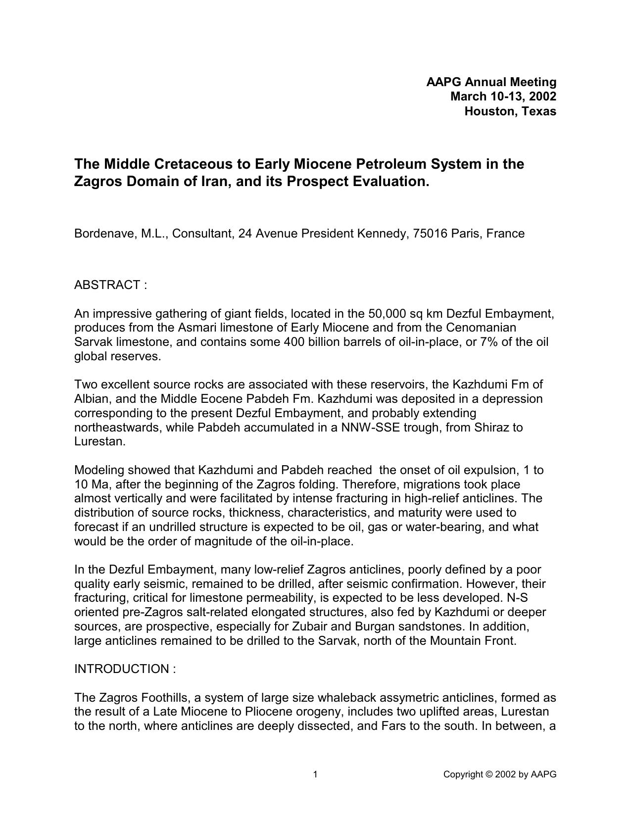 The Middle Cretaceous to Early Miocene Petroleum System in the Zagros Domain of Iran, and its Prospect Evaluation by Bordenave M.L