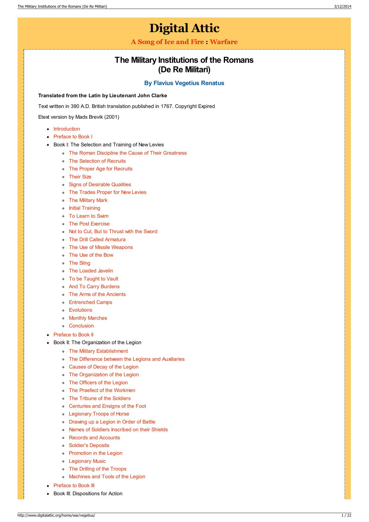 The Military Institutions of the Romans (De Re Militari) by De Re Militari; The Military Institutions Of The Romans