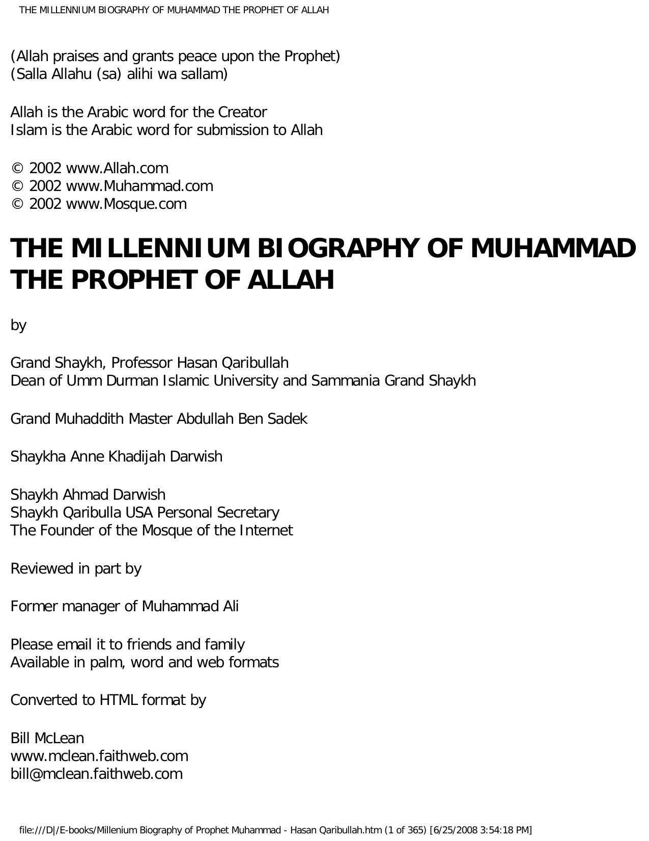 The Millennium Biography of Muhammad, The Prophet of Allah by Grand Shaykh Abdullah Ben Sadek Shaykha Anne Khadijah Darwish et al
