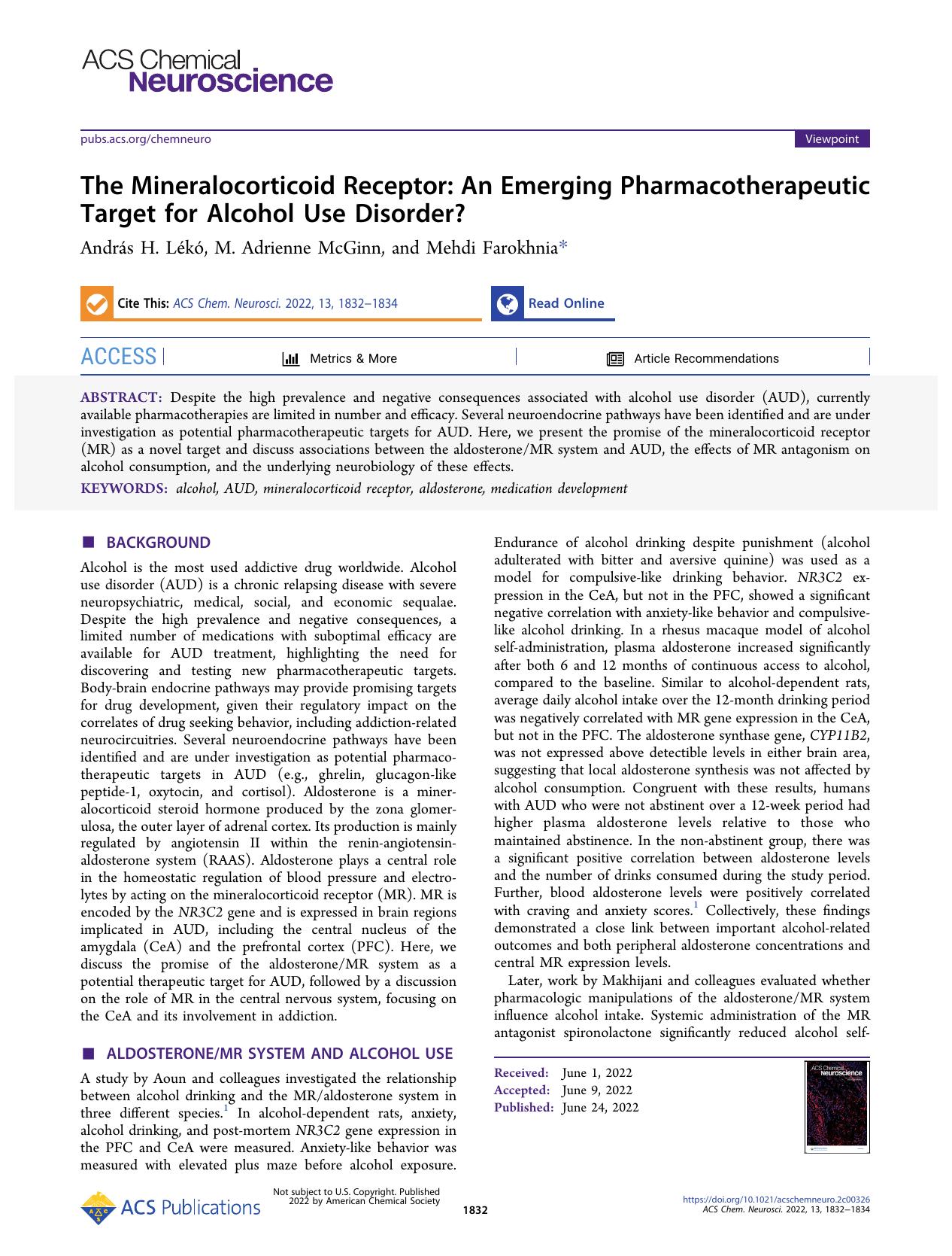 The Mineralocorticoid Receptor: An Emerging Pharmacotherapeutic Target for Alcohol Use Disorder? by András H. Lékó M. Adrienne McGinn and Mehdi Farokhnia