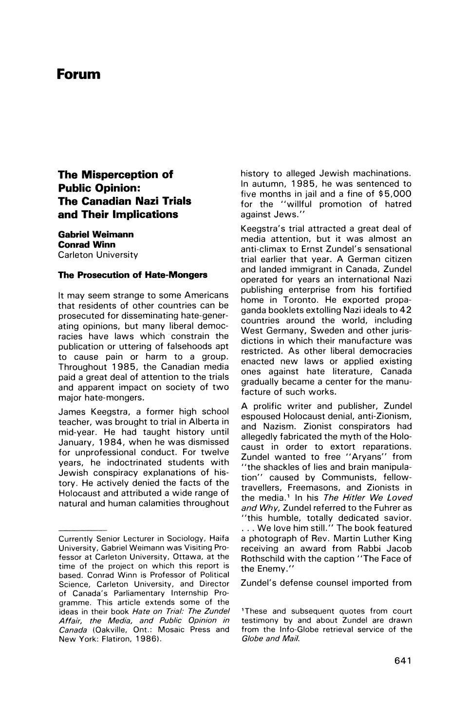 The Misperception of Public Opinion; The Canadian Nazi Trials and Their Implications by Unknown