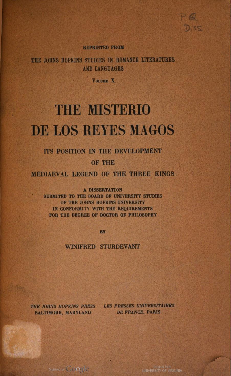 The Misterio de los Reyes Magos: its position in the development of the mediaeval legend of the Three Kings by Winifred Sturdevant