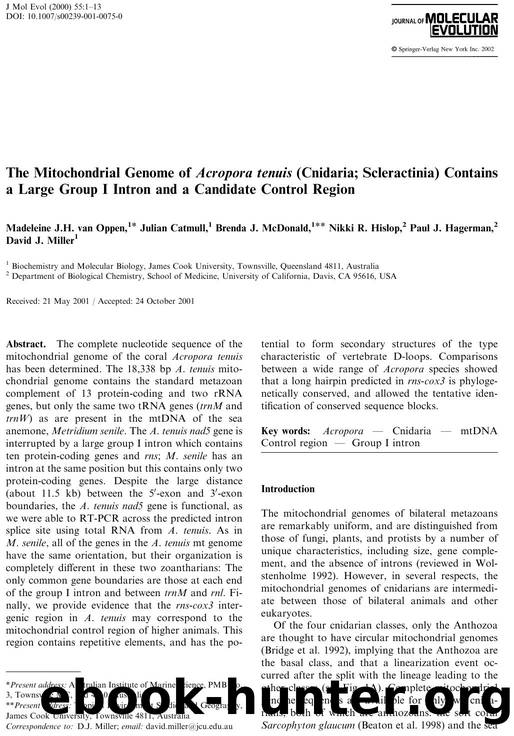 The Mitochondrial Genome of Acropora tenuis (Cnidaria; Scleractinia) Contains a Large Group I Intron and a Candidate Control Region by M.J.H. van Oppen et al