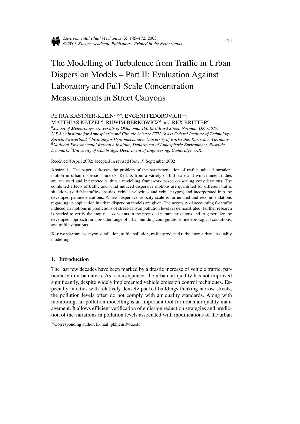 The Modelling of Turbulence from Traffic in Urban Dispersion Models – Part II: Evaluation Against Laboratory and Full-Scale Concentration Measurements in Street Canyons by Unknown