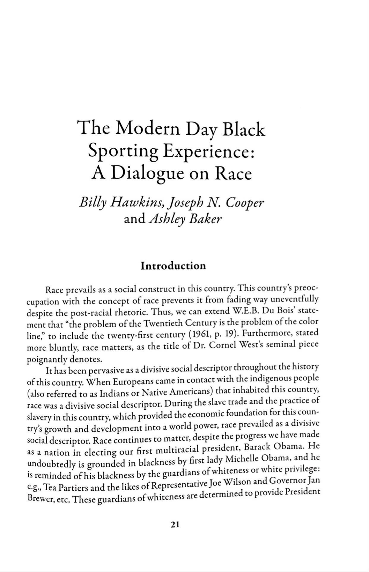 The Modern Day Black Sporting Experience: A Dialogue on Race by Billy Hawkins