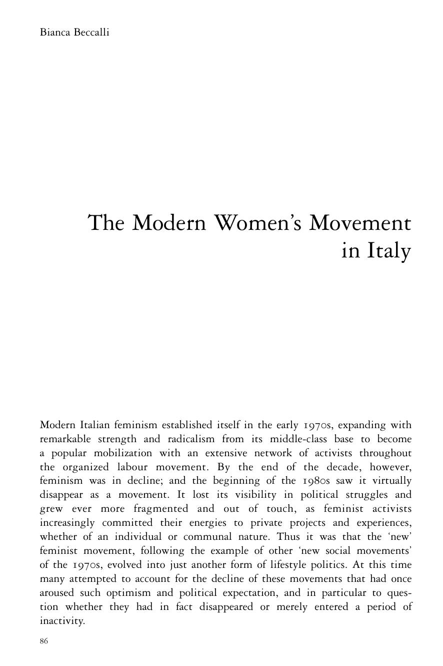 The Modern Womenâs Movement in Italy by Bianca Beccalli