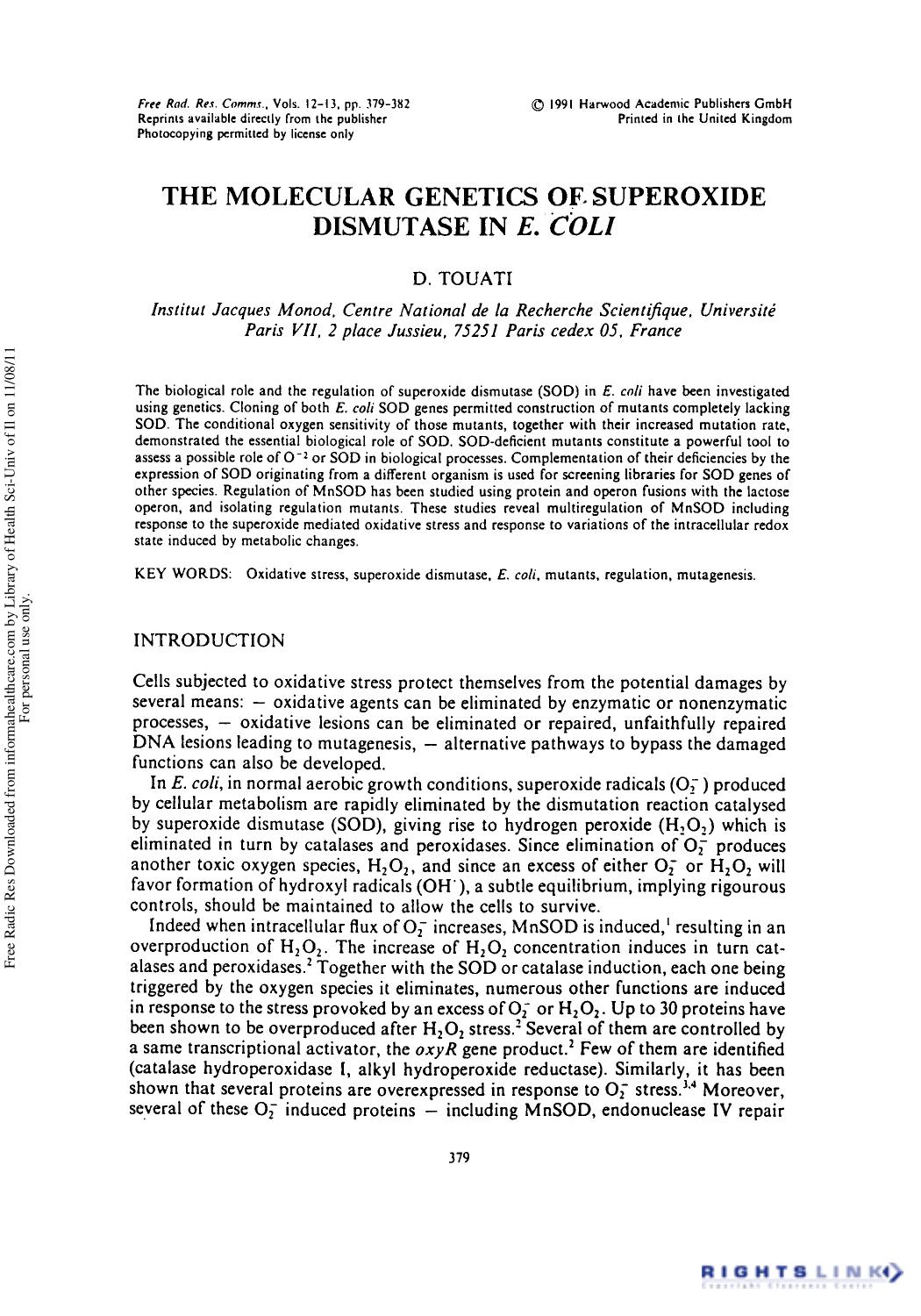 The Molecular Genetics of Superoxide Dismutase in E. Coli by D. Touati