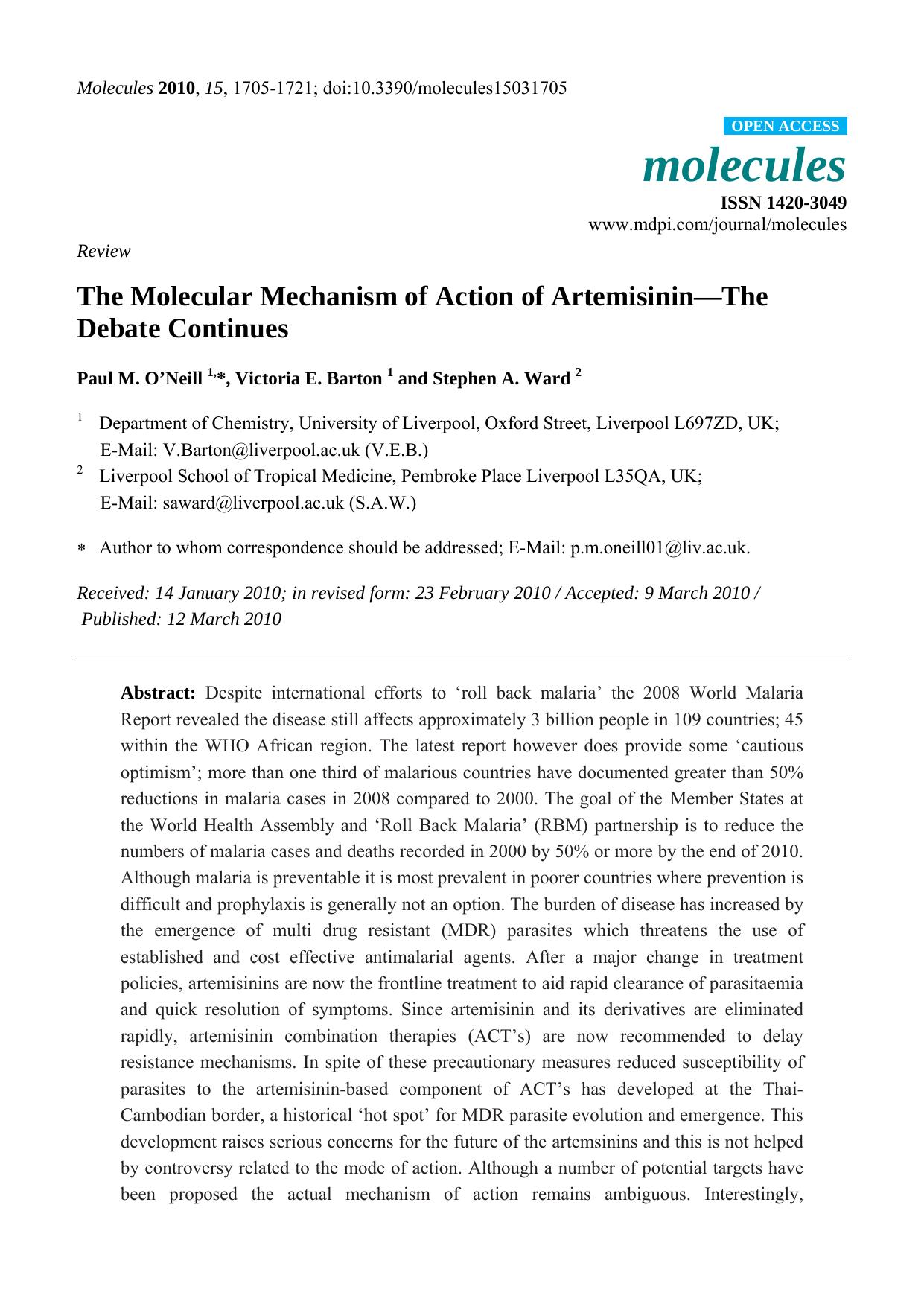 The Molecular Mechanism of Action of ArtemisininâThe Debate Continues by Paul M. O’Neill & Victoria E. Barton & Stephen A. Ward