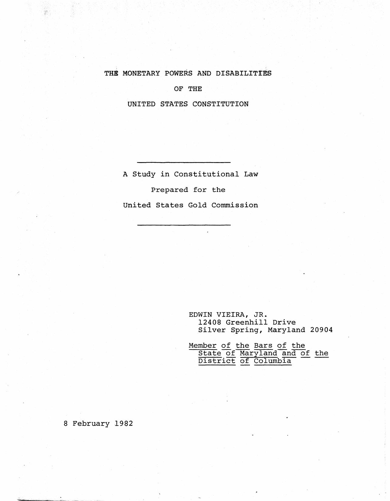 The Monetary Powers and Disabilities of the U.S. Constitution by Edwin Vieira