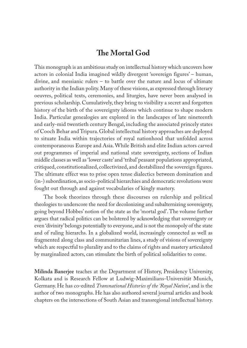 The Mortal God: Imagining the Sovereign in Colonial India by Milinda Banerjee