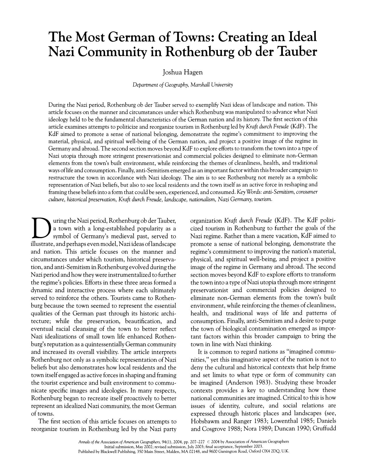 The Most German of Towns; Creating an Ideal Nazi Community in Rothenburg ob der Tauber by Unknown