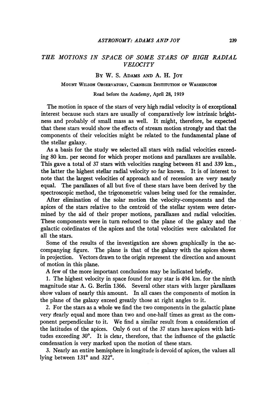 The Motions in Space of Some Stars of High Radial Velocity by Adams W. S. Joy A. H