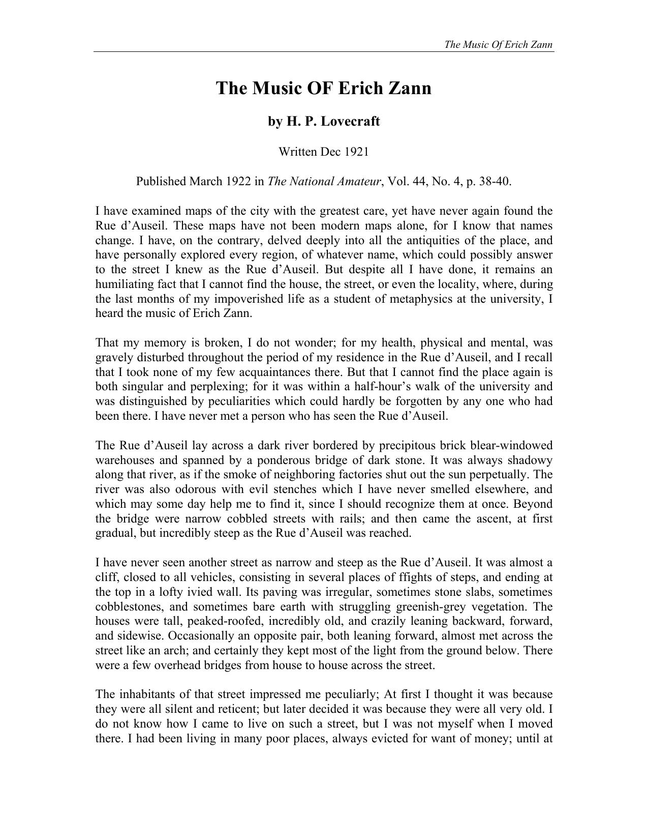 The Music OF Erich Zann by H. P. Lovecraft