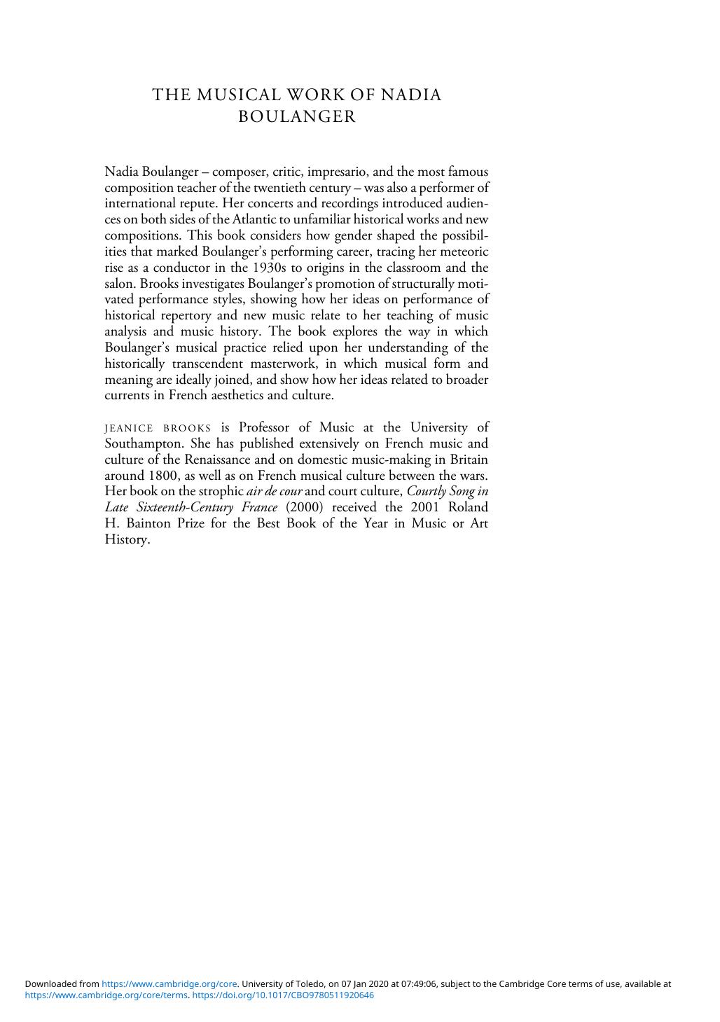 The Musical Work of Nadia Boulanger: Performing Past and Future between the Wars by Unknow