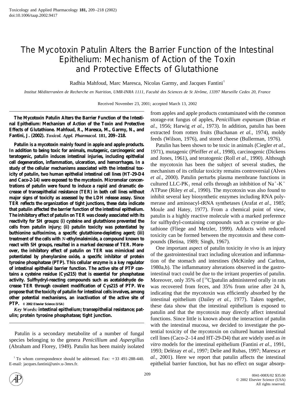 The Mycotoxin Patulin Alters the Barrier Function of the Intestinal Epithelium: Mechanism of Action of the Toxin and Protective Effects of Glutathione by Mahfoud R. et al