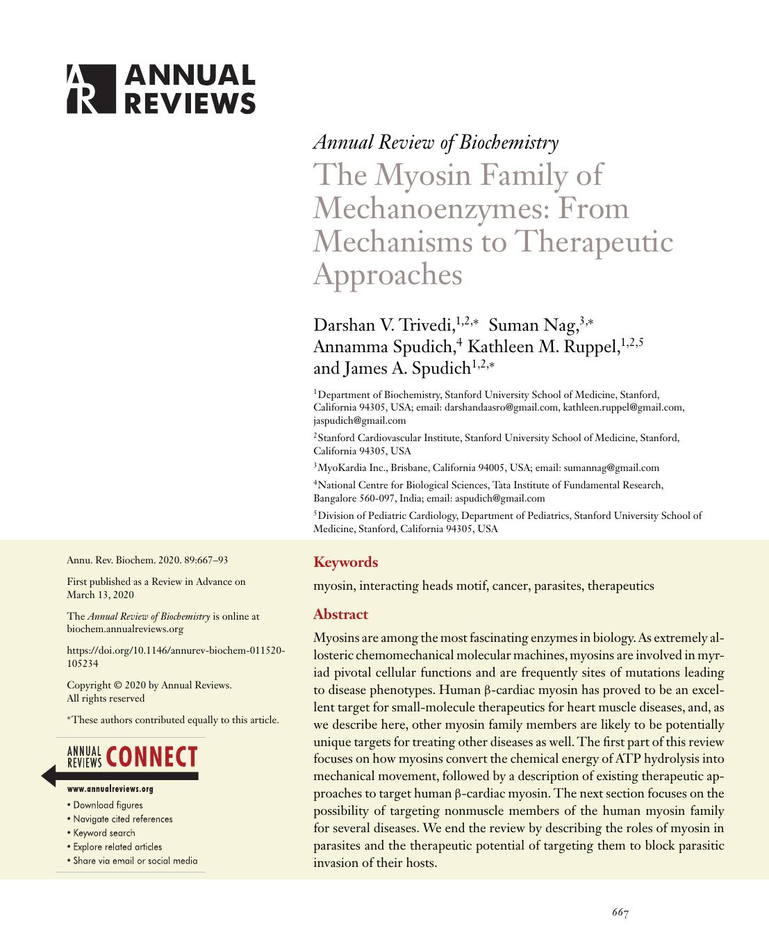 The Myosin Family of Mechanoenzymes: From Mechanisms to Therapeutic Approaches by Darshan V. Trivedi Suman Nag Annamma Spudich Kathleen M. Ruppel James A. Spudich
