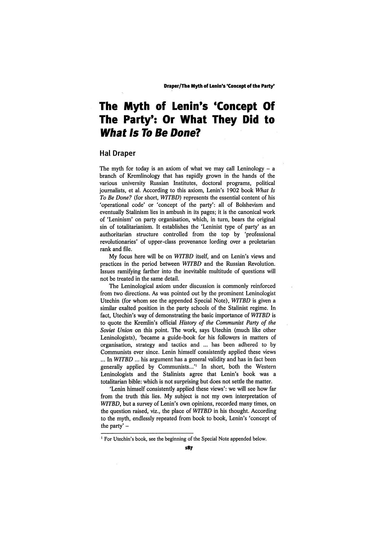 The Myth of Lenin's 'Concept Of The Party': Or What They Did to What Is To Be Done? by Hal Draper