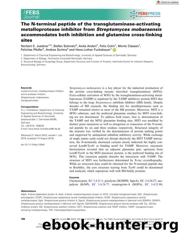 The Nâterminal peptide of the transglutaminaseâactivating metalloprotease inhibitor from StreptomycesÂ mobaraensis accommodates both inhibition and glutamine crossâlinking sites by Unknown