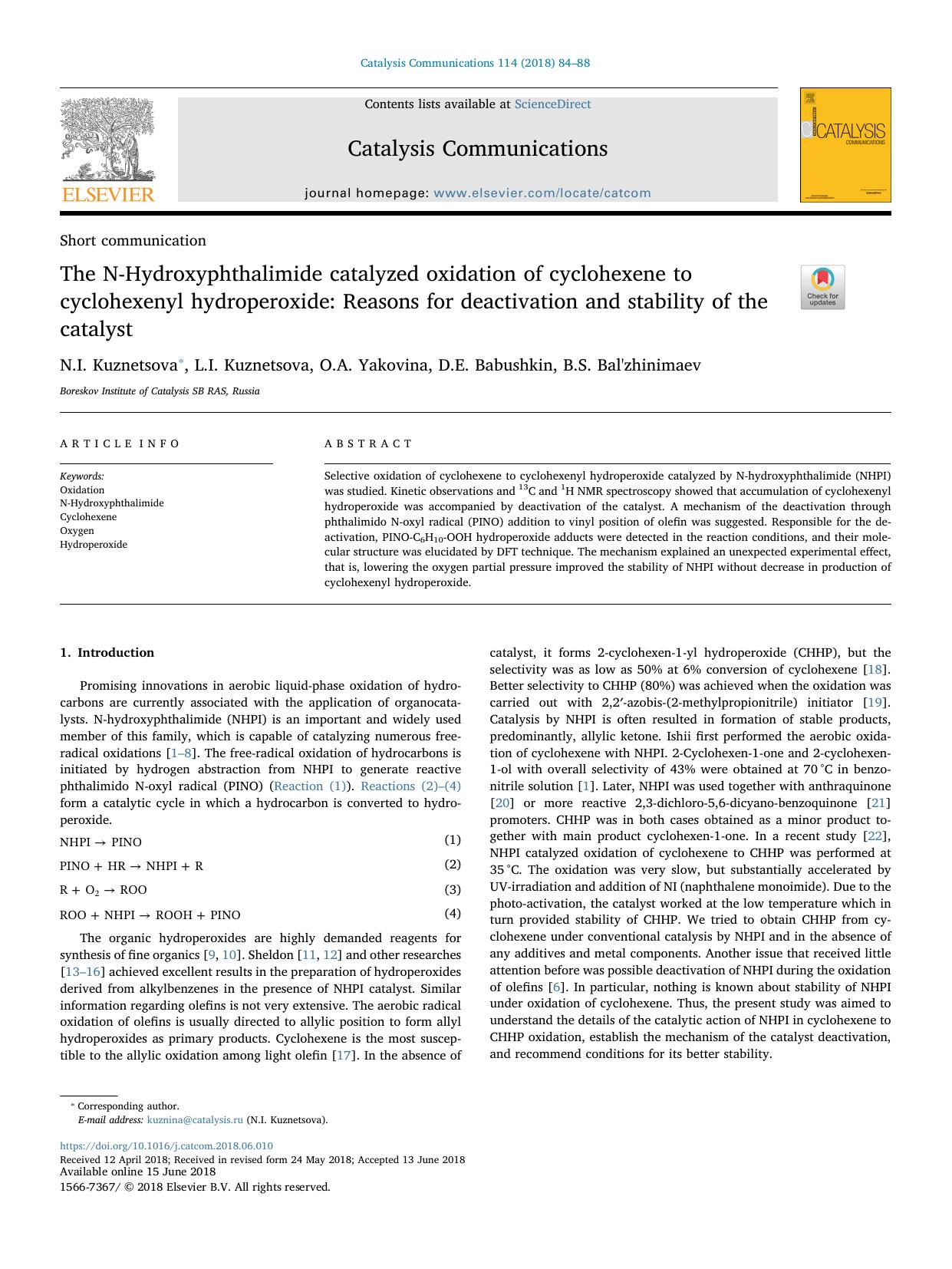 The N-Hydroxyphthalimide catalyzed oxidation of cyclohexene to cyclohexenyl hydroperoxide_ Reasons for deactivation and stability of the catalyst by N.I. Kuznetsova & L.I. Kuznetsova & O.A. Yakovina & D.E. Babushkin & B.S. Bal'zhinimaev