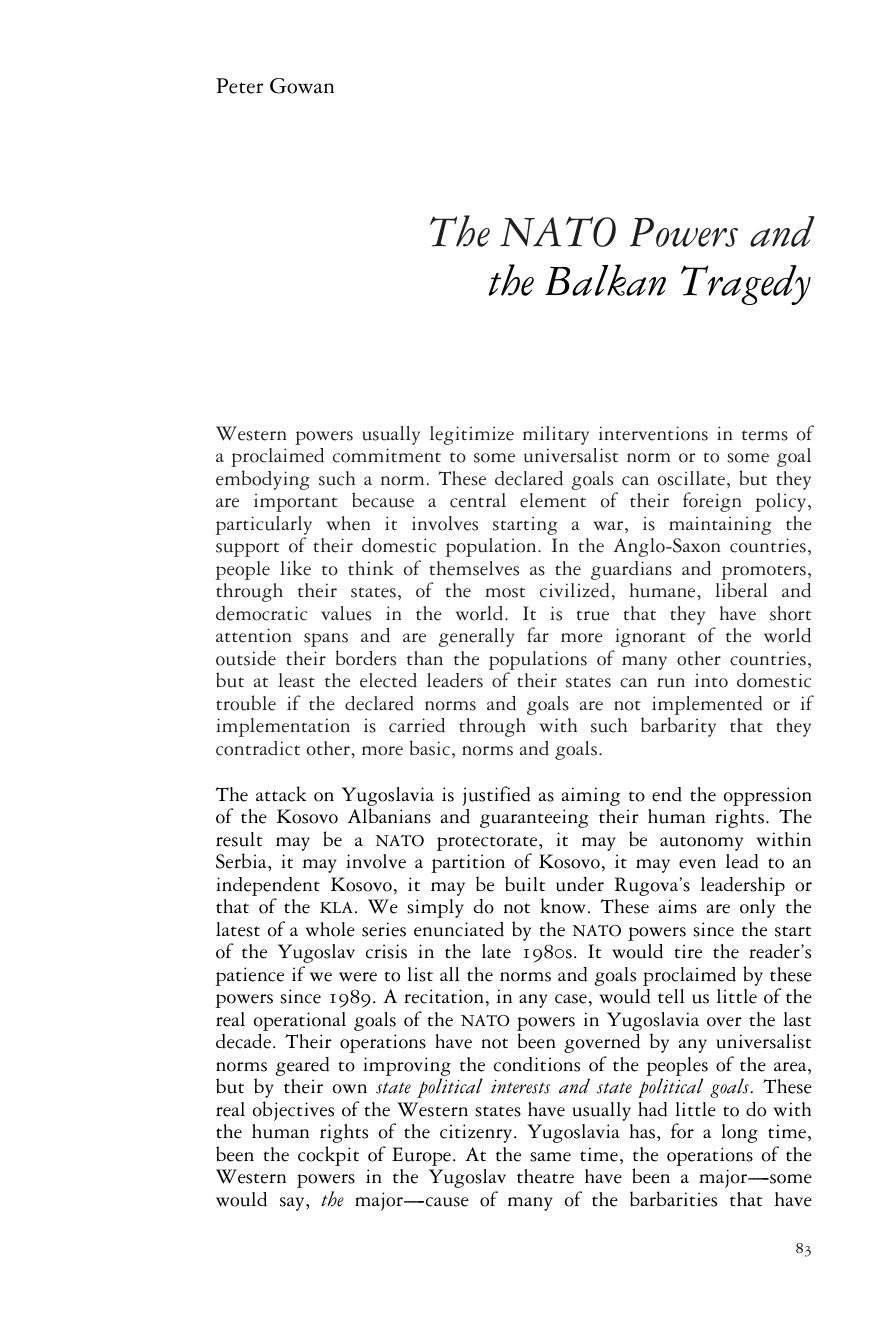 The NATO Powers and the Balkan Tragedy by Peter Gowan