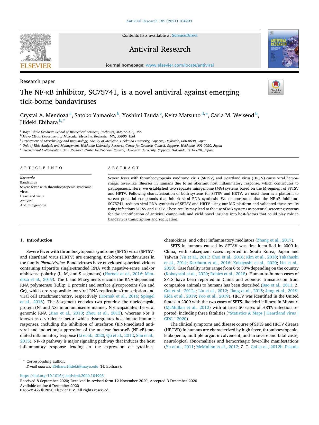 The NF-ÎºB inhibitor, SC75741, is a novel antiviral against emerging tick-borne bandaviruses by unknow