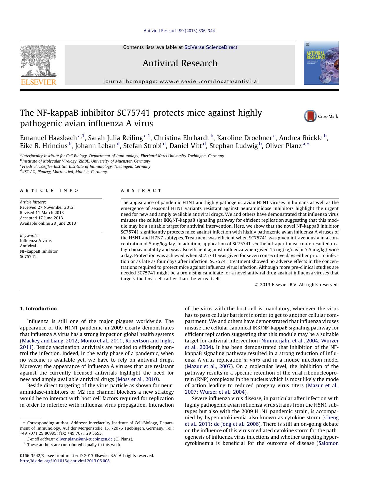 The NF-kappaB inhibitor SC75741 protects mice against highly pathogenic avian influenza A virus by unknow