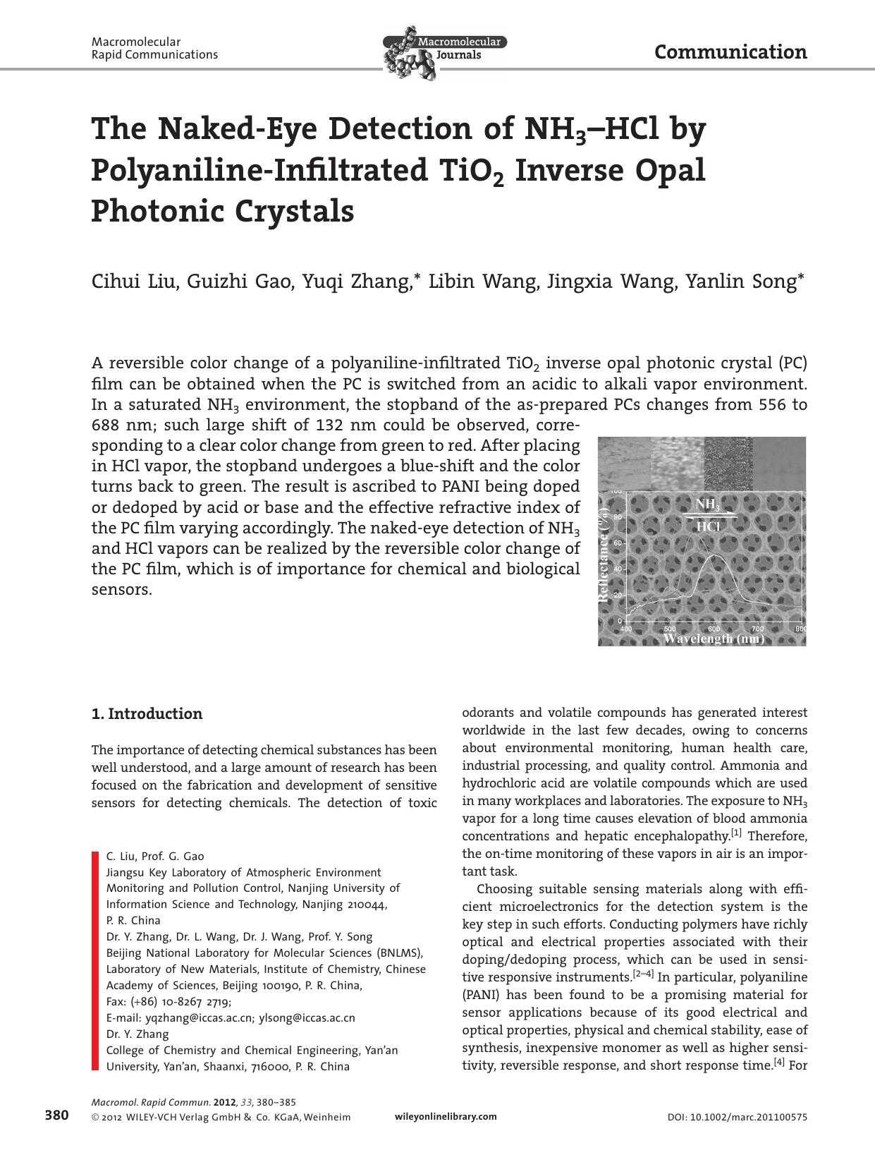 The NakedEye Detection of NH3HCl by PolyanilineInfiltrated TiO2 Inverse Opal Photonic Crystals by vng