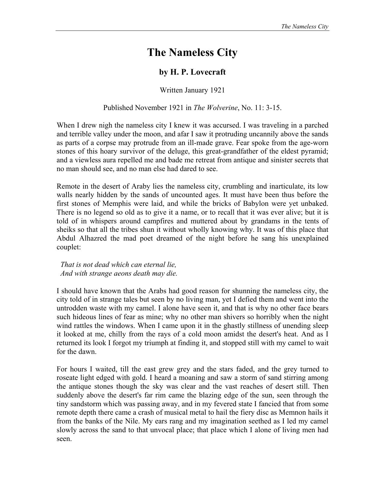 The Nameless City by H. P. Lovecraft