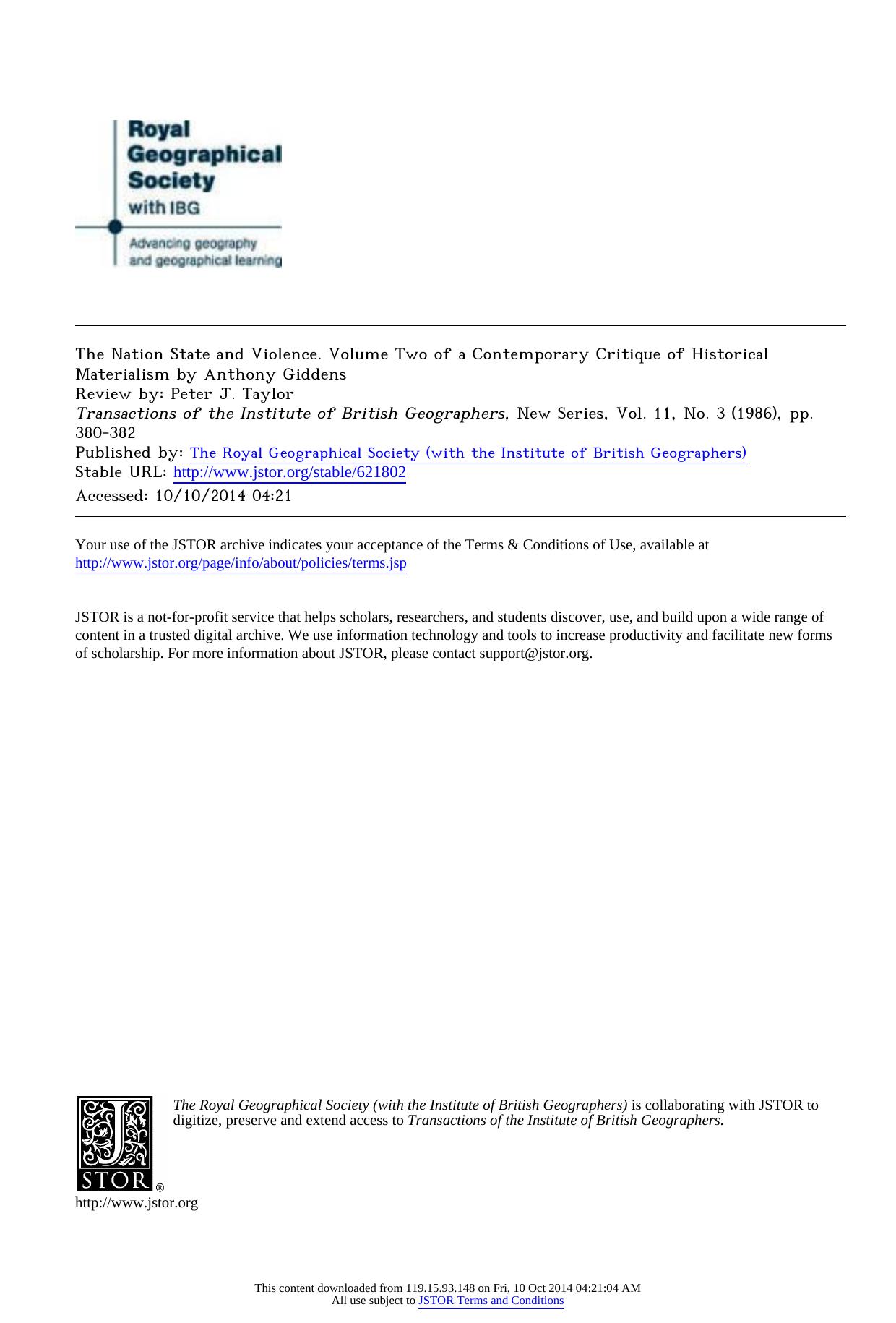 The Nation State and Violence. Volume Two of a Contemporary Critique of Historical Materialism by Anthony Giddens by The Nation State & Violence. Volume Two of a Contemporary Critique of Historical by Anthony Giddens