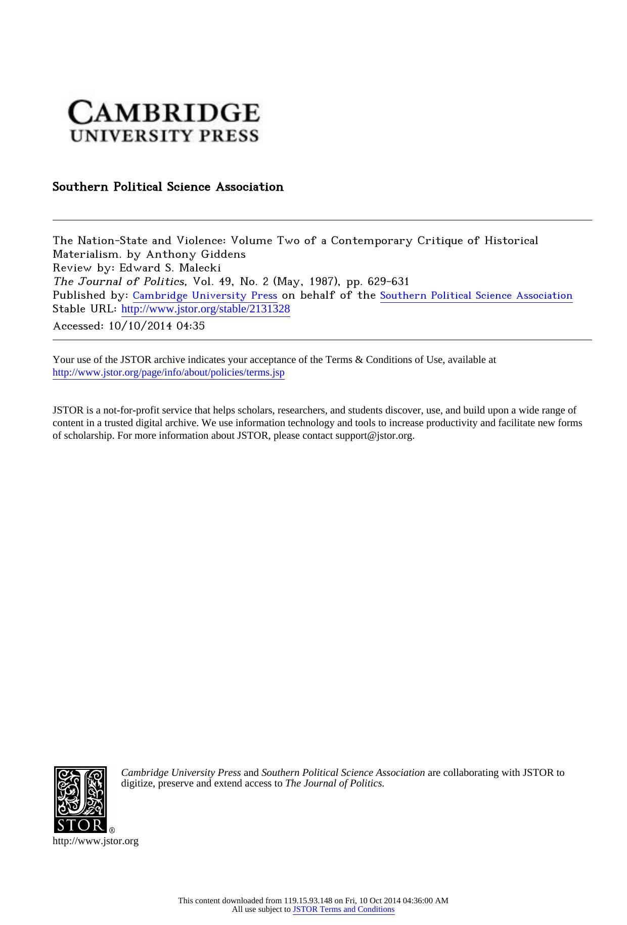 The Nation-State and Violence: Volume Two of a Contemporary Critique of Historical Materialism. by Anthony Giddens by unknow