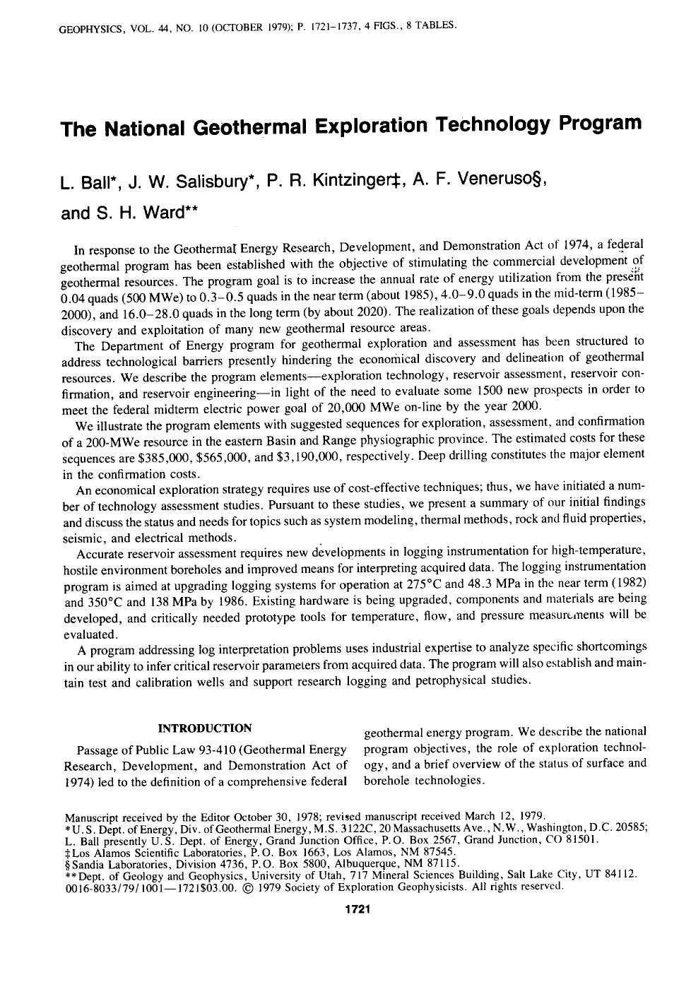 The National Geothermal Exploration Technology Program by Ball L.; Salisbury J. W.; Kintzinger P. R.; Veneruso A. F.; Ward S. H