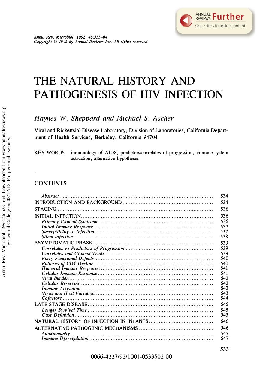 The Natural History and Pathogenesis of HIV Infection by H W Sheppard & M S Ascher