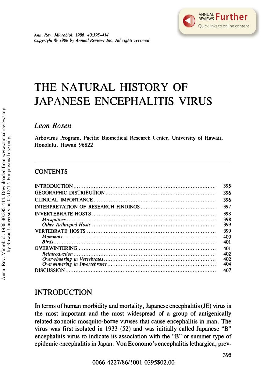 The Natural History of Japanese Encephalitis Virus by L Rosen