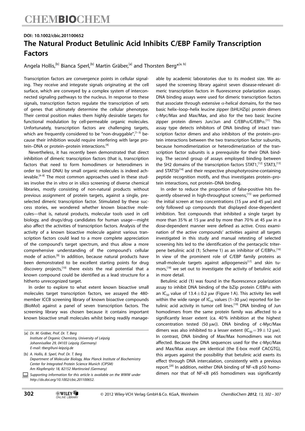 The Natural Product Betulinic Acid Inhibits CEBP Family Transcription Factors by Unknown