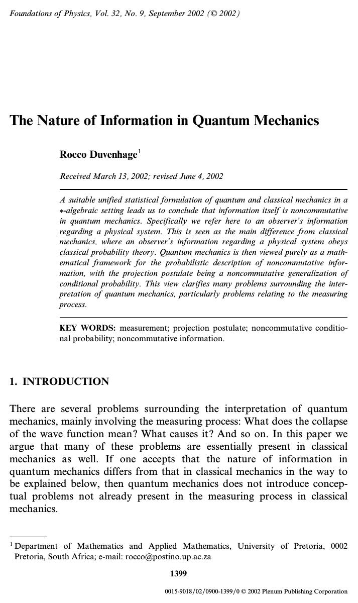 The Nature of Information in Quantum Mechanics by Unknown