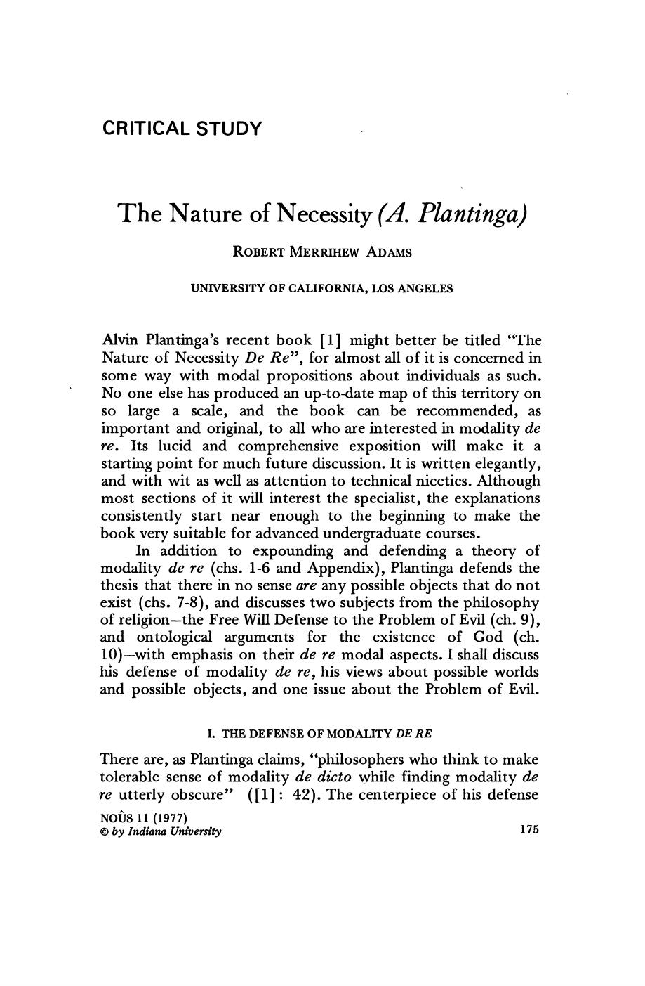 The Nature of Necessity (A. Plantinga) by Adams Robert Merrihew