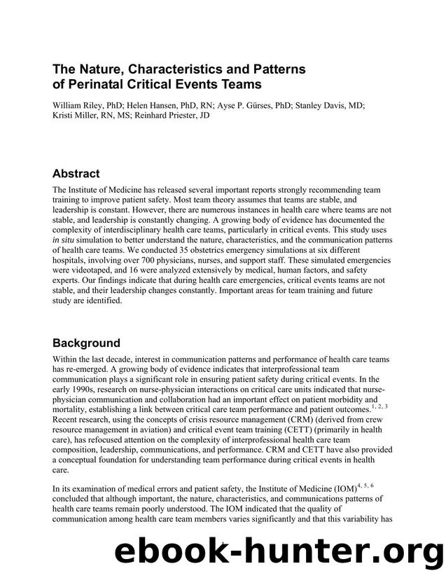 The Nature, Characteristics and Patterns of Perinatal Critical Events Teams by Agency for Healthcare Research and Quality
