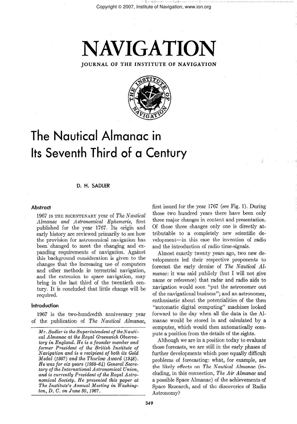 The Nautical Almanac in Its Seventh Third of a Century by D. H. SADLER