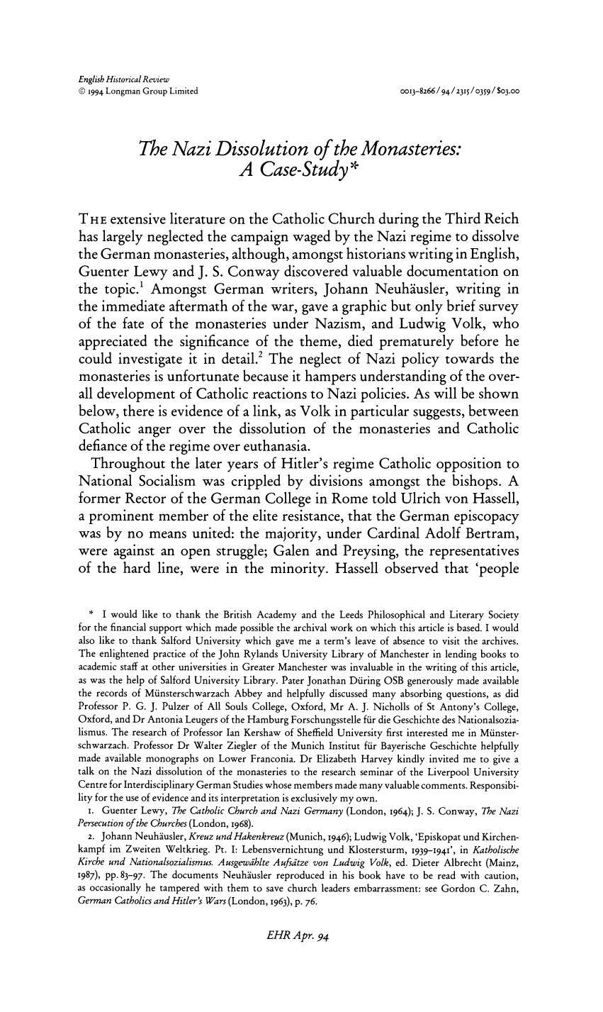 The Nazi Dissolution of the Monasteries; A Case-Study by Unknown