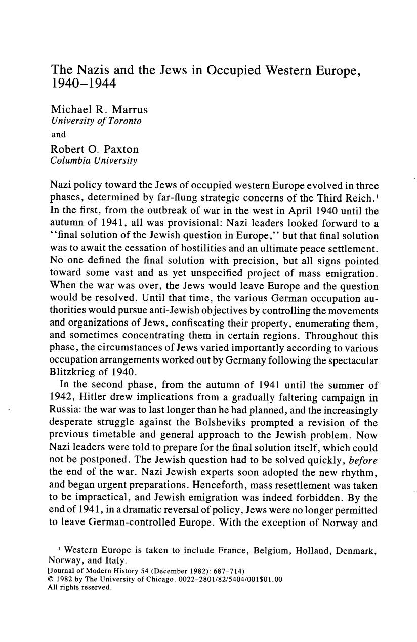 The Nazis and the Jews in Occupied Western Europe, 1940-1944 by unknow