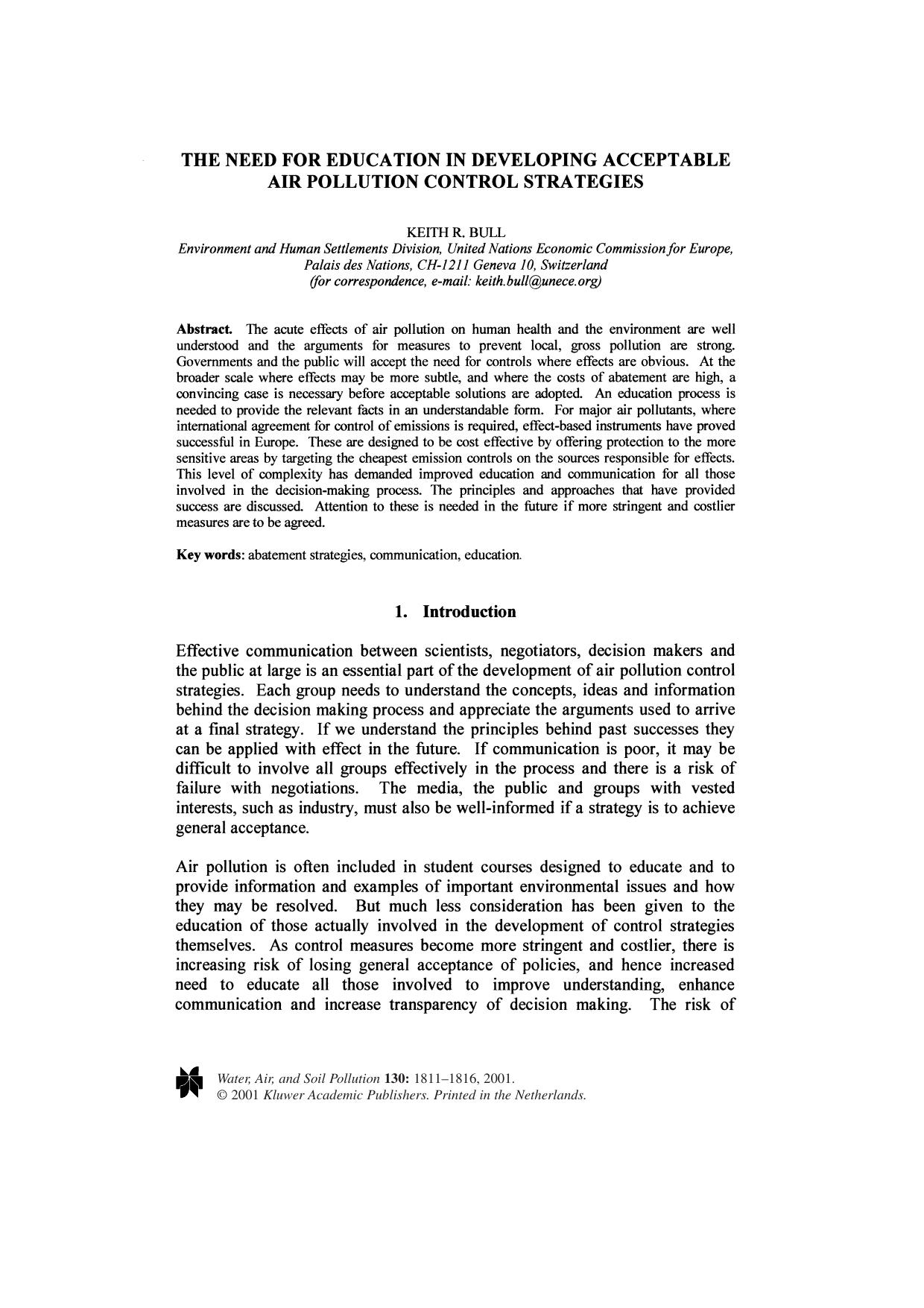 The Need for Education in Developing Acceptable Air Pollution Control Strategies by Unknown